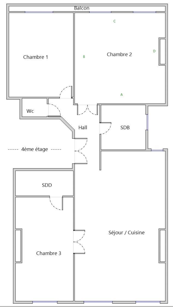 Plan de l'appartement : deux chambres côté balcon, entrée, salle de bains et WC au centre, pièce de vie et suite parentale de l'autre côté